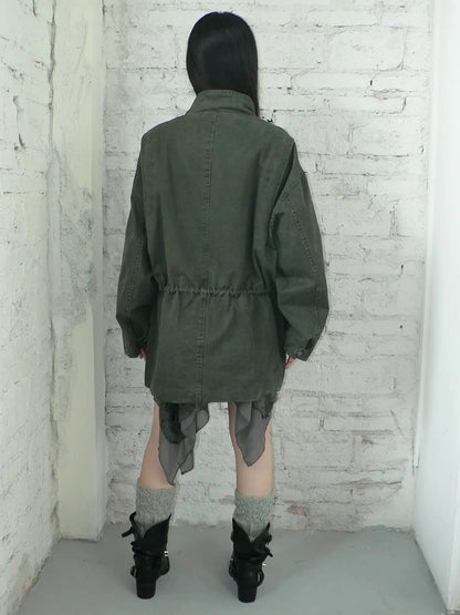 ang project Vintage Washed Drawstring Waist Multi Pocket Long Utility Jacket Jacket