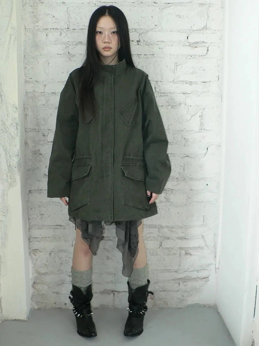 ang project Vintage Washed Drawstring Waist Multi Pocket Long Utility Jacket Jacket