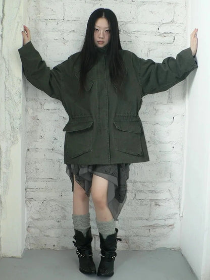 ang project Vintage Washed Drawstring Waist Multi Pocket Long Utility Jacket Jacket