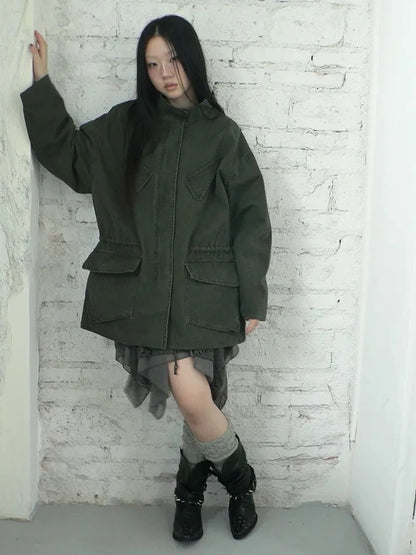 ang project Vintage Washed Drawstring Waist Multi Pocket Long Utility Jacket Jacket