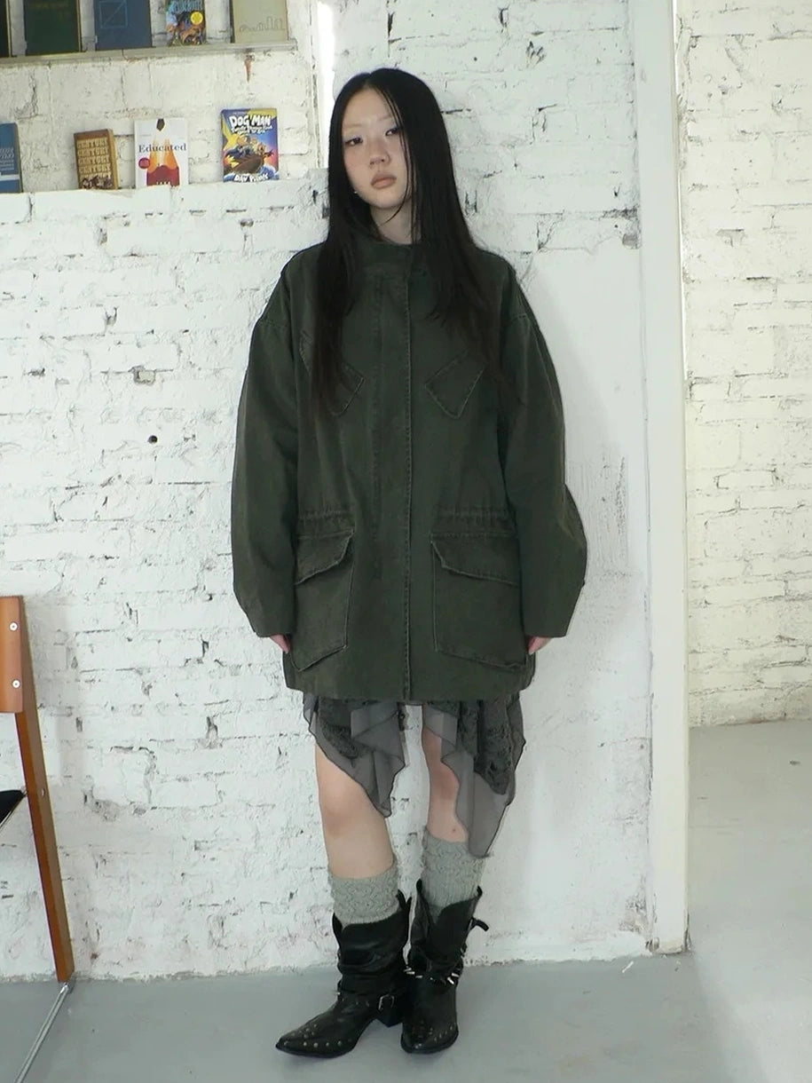 ang project Vintage Washed Drawstring Waist Multi Pocket Long Utility Jacket Jacket