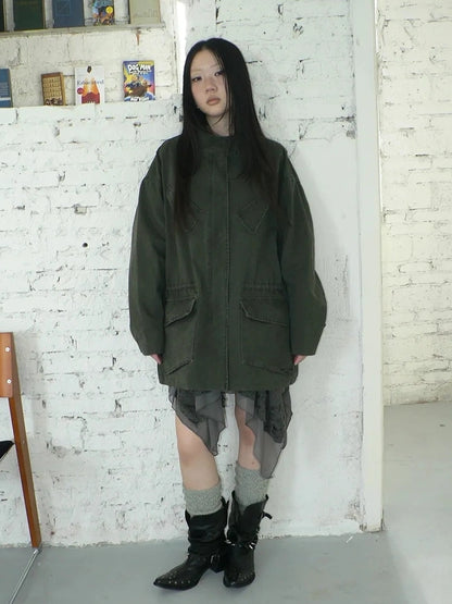 ang project Vintage Washed Drawstring Waist Multi Pocket Long Utility Jacket Jacket