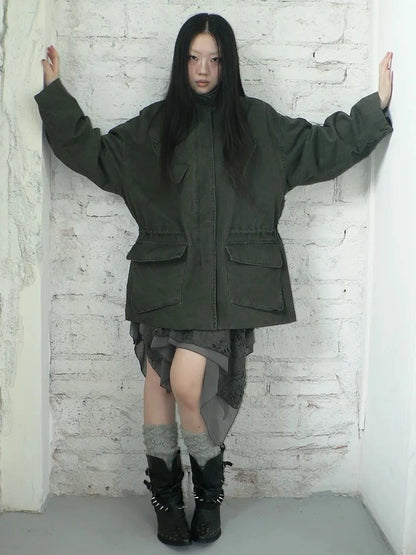 ang project Vintage Washed Drawstring Waist Multi Pocket Long Utility Jacket Jacket