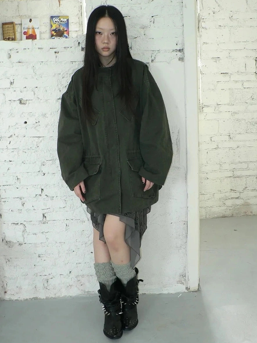 ang project Vintage Washed Drawstring Waist Multi Pocket Long Utility Jacket Jacket