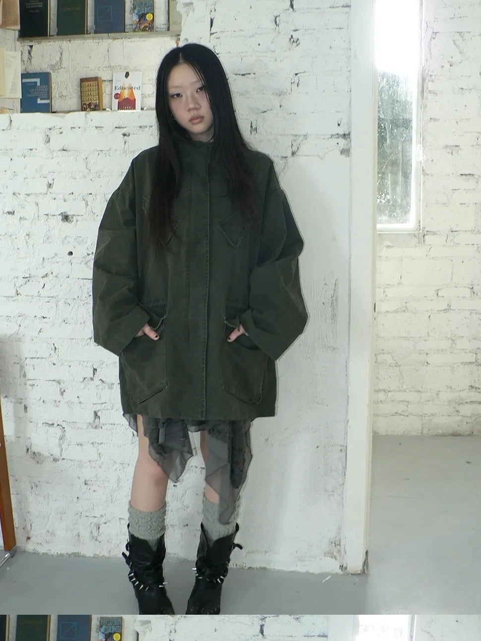 ang project Vintage Washed Drawstring Waist Multi Pocket Long Utility Jacket Jacket