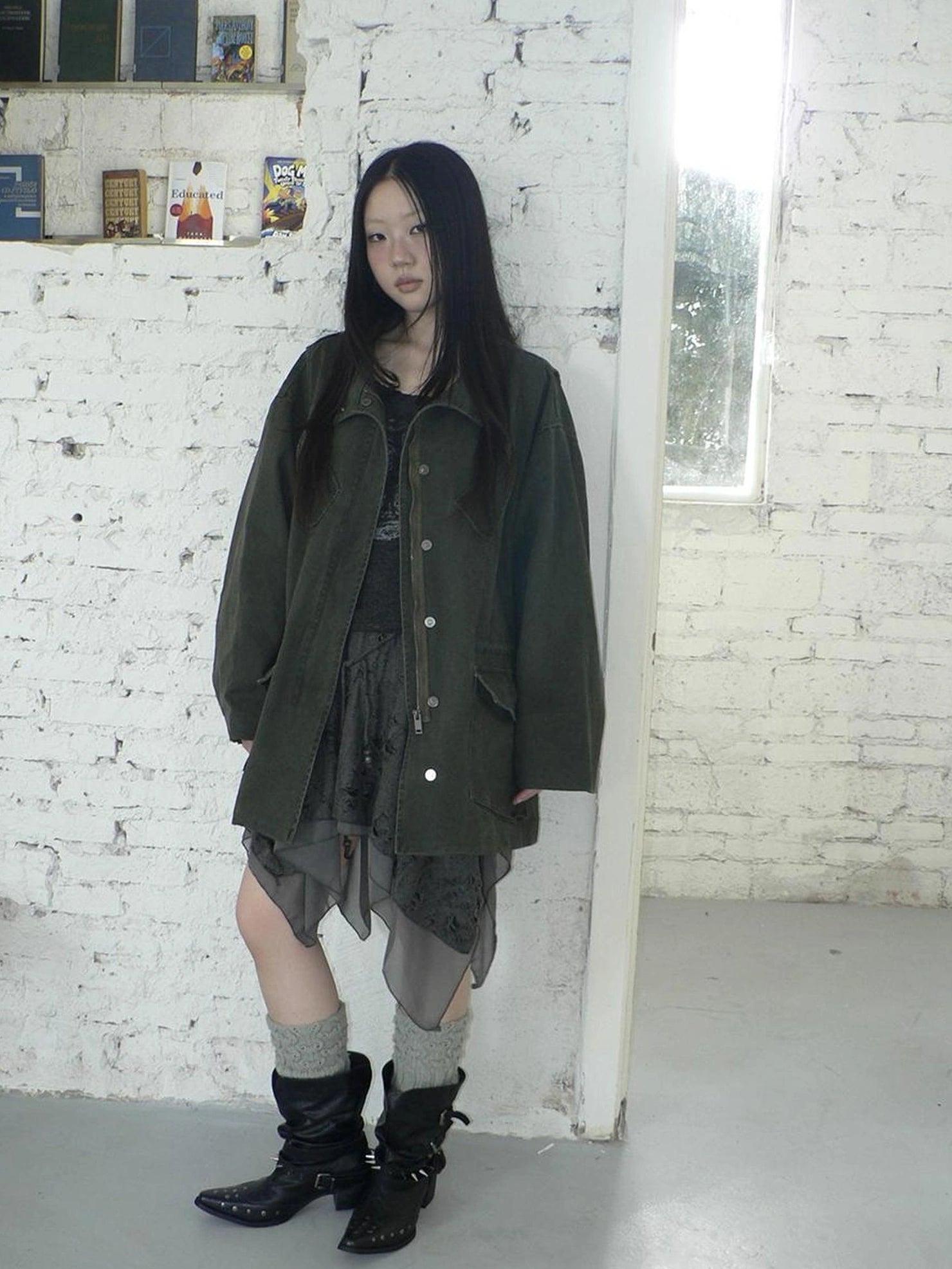 ang project Vintage Washed Drawstring Waist Multi Pocket Long Utility Jacket Jacket