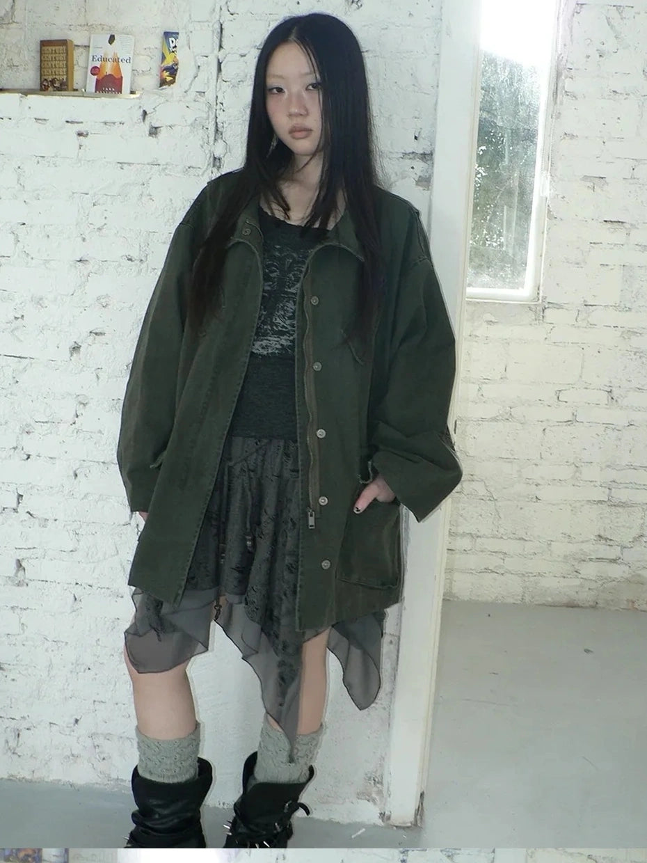 ang project Vintage Washed Drawstring Waist Multi Pocket Long Utility Jacket Jacket