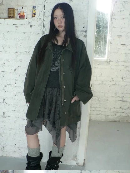 ang project Vintage Washed Drawstring Waist Multi Pocket Long Utility Jacket Jacket