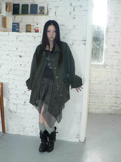 ang project Vintage Washed Drawstring Waist Multi Pocket Long Utility Jacket Jacket