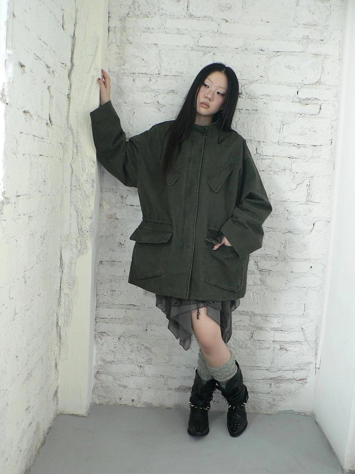 ang project Vintage Washed Drawstring Waist Multi Pocket Long Utility Jacket Jacket