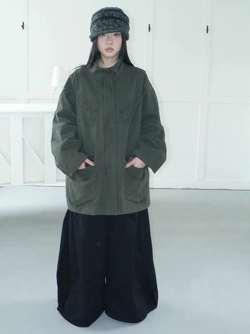 ang project Vintage Washed Drawstring Waist Multi Pocket Long Utility Jacket Jacket