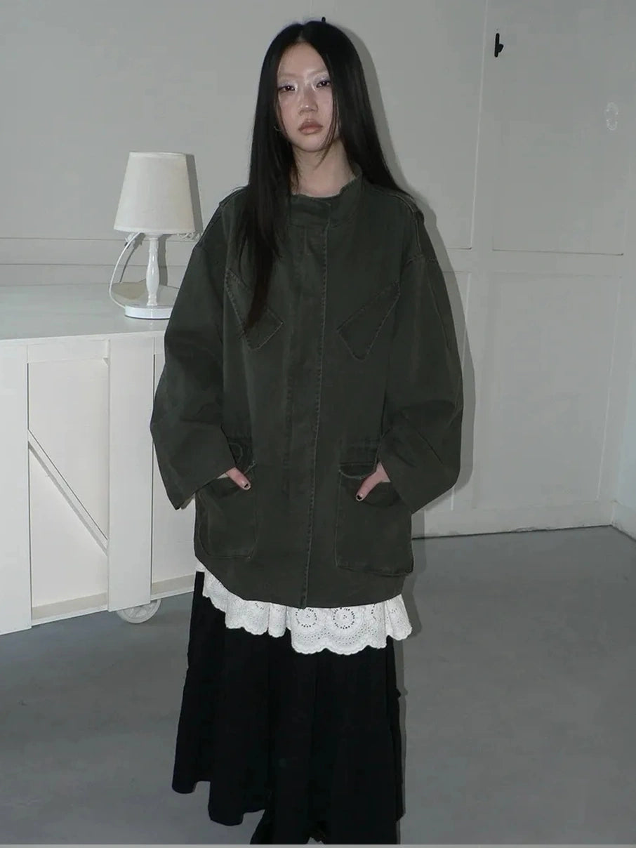 ang project Vintage Washed Drawstring Waist Multi Pocket Long Utility Jacket Jacket