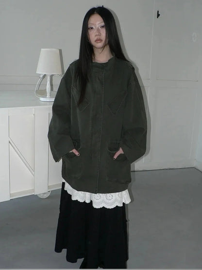 ang project Vintage Washed Drawstring Waist Multi Pocket Long Utility Jacket Jacket