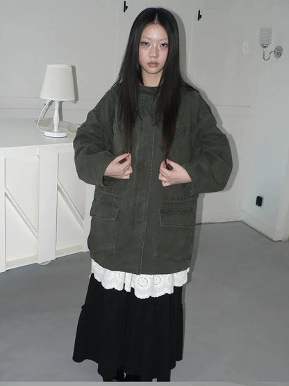 ang project Vintage Washed Drawstring Waist Multi Pocket Long Utility Jacket Jacket