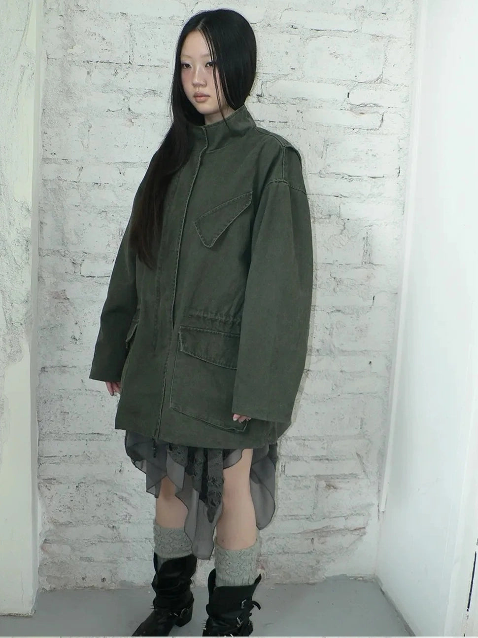 ang project Vintage Washed Drawstring Waist Multi Pocket Long Utility Jacket Jacket