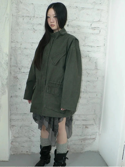 ang project Vintage Washed Drawstring Waist Multi Pocket Long Utility Jacket Jacket