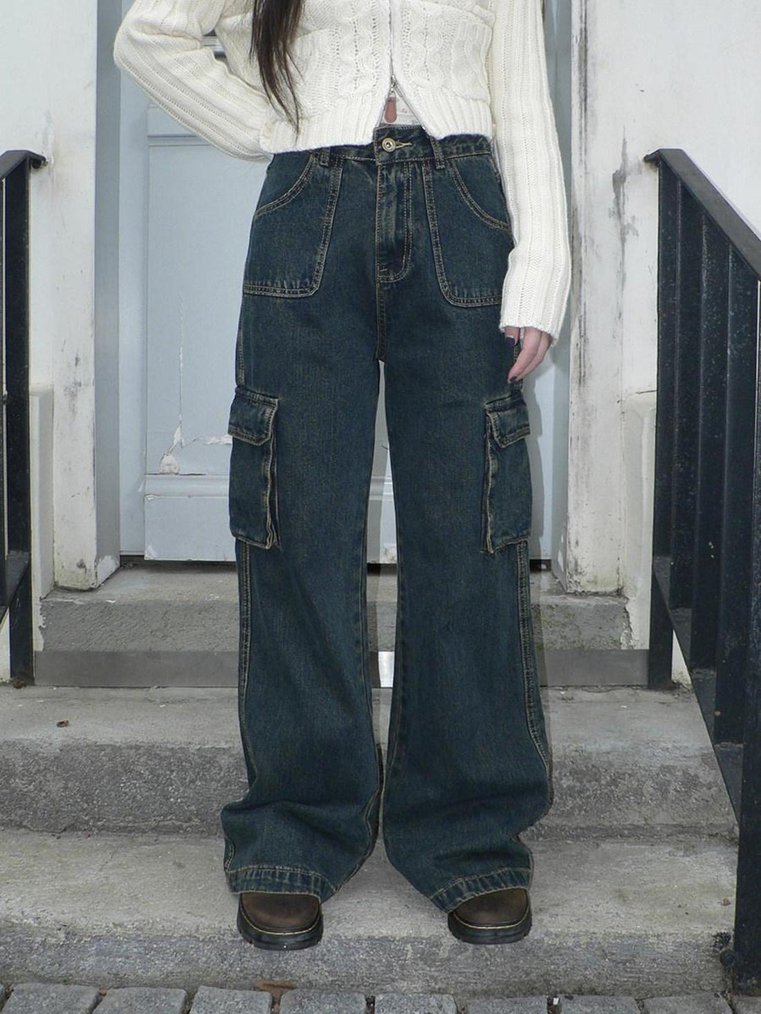 ang project Vintage Washed High Waist Straight Leg Button Fly Cotton Pockets Womens Jeans