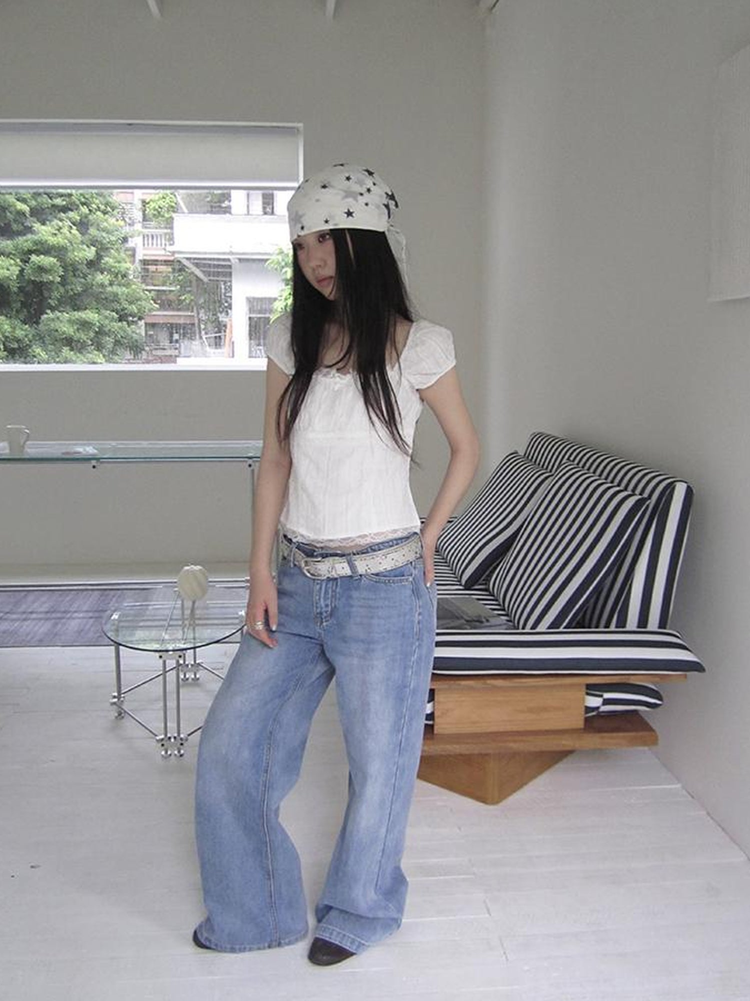 ang project Vintage Washed Low Cut Wide Leg Jeans