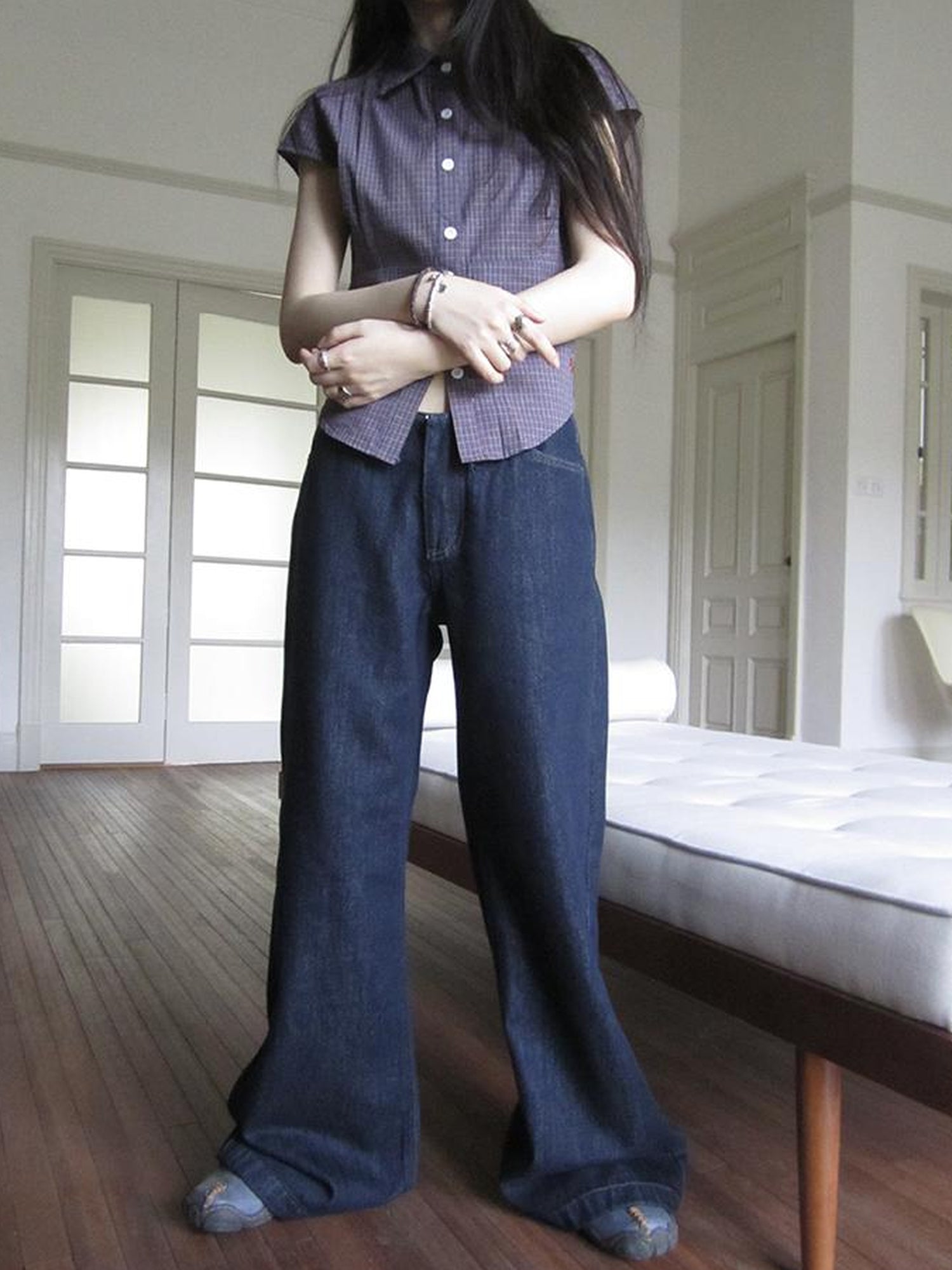 ang project Vintage Washed Low Rise Wide Leg Jeans