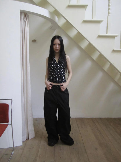 Vintage Washed Mid Low Rise Button Pocket Straight Leg Pants