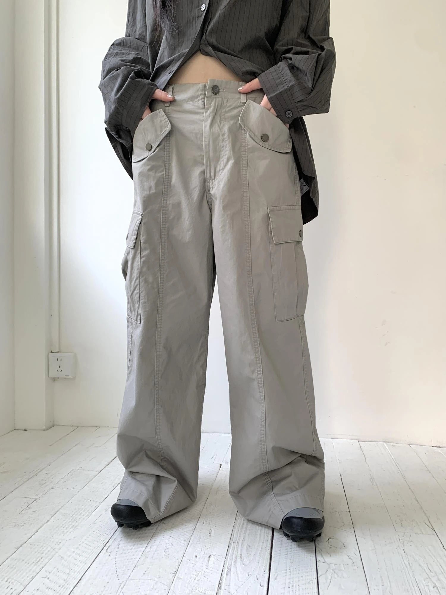 Vintage Washed Mid Low Rise Button Pocket Straight Leg Pants