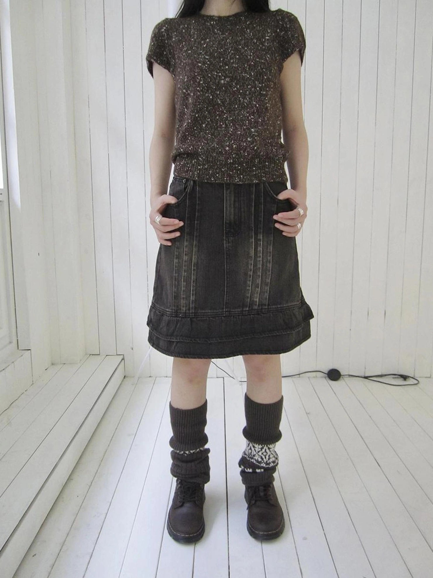 ang project Vintage Washed Pleated High Waist Denim Skirt Skirt