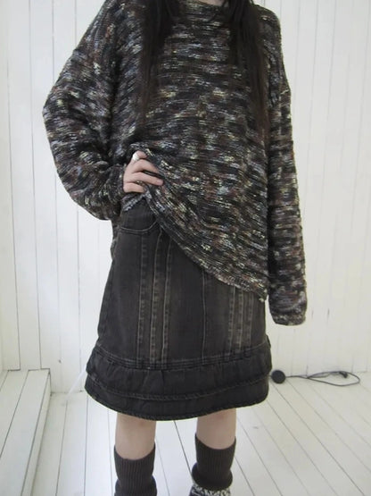 ang project Vintage Washed Pleated High Waist Denim Skirt Skirt