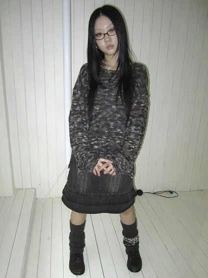 ang project Vintage Washed Pleated High Waist Denim Skirt Skirt