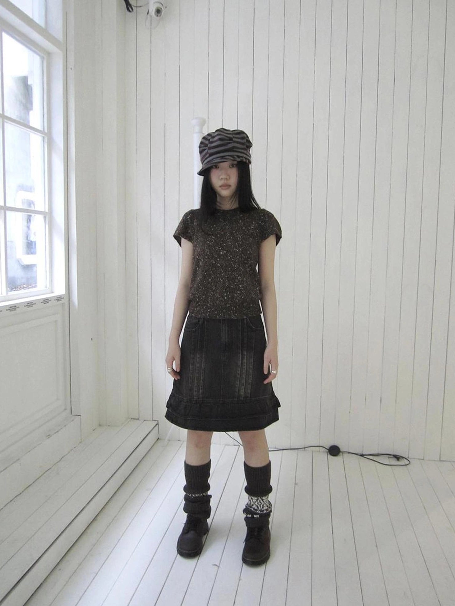 ang project Vintage Washed Pleated High Waist Denim Skirt Skirt