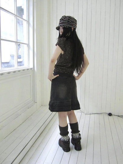 ang project Vintage Washed Pleated High Waist Denim Skirt Skirt