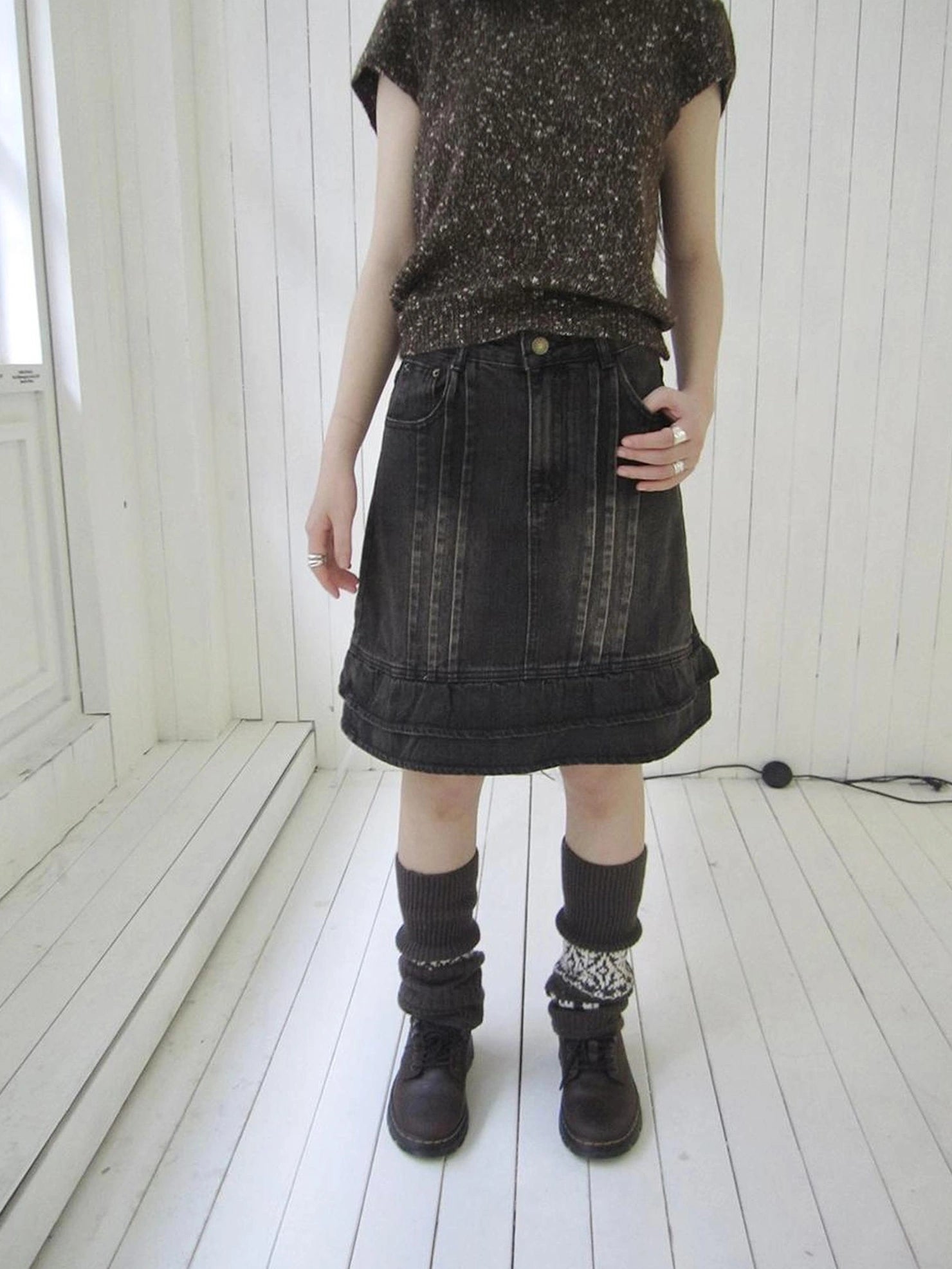 ang project Vintage Washed Pleated High Waist Denim Skirt Skirt