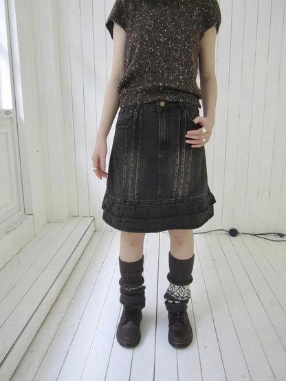 ang project Vintage Washed Pleated High Waist Denim Skirt Skirt