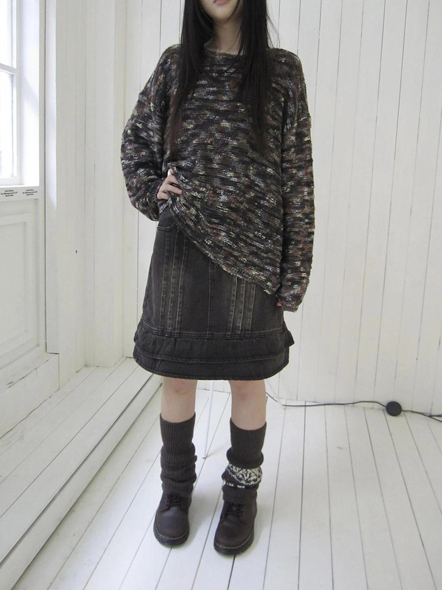 ang project Vintage Washed Pleated High Waist Denim Skirt Skirt