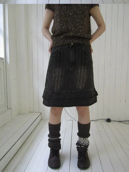 ang project Vintage Washed Pleated High Waist Denim Skirt Skirt