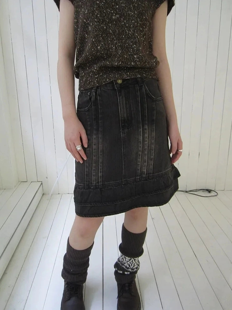 ang project Vintage Washed Pleated High Waist Denim Skirt Skirt