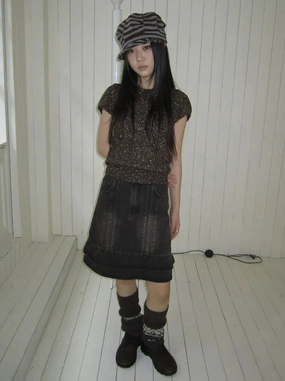 ang project Vintage Washed Pleated High Waist Denim Skirt Skirt