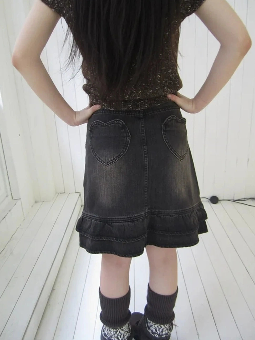 ang project Vintage Washed Pleated High Waist Denim Skirt Skirt