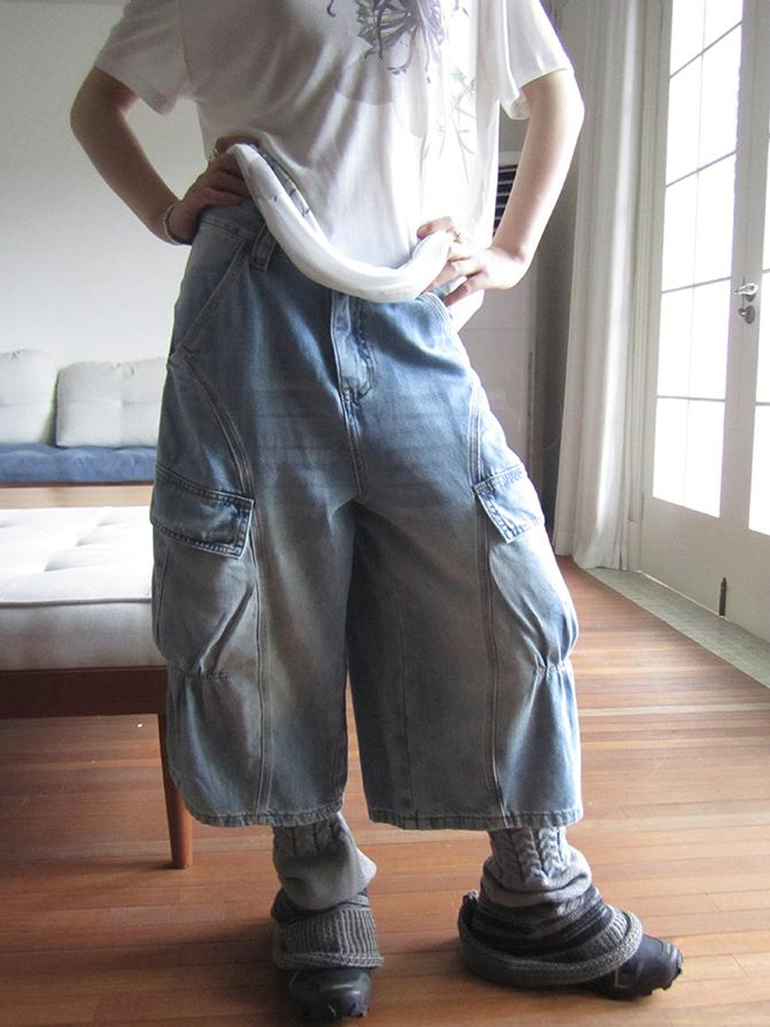ang project Vintage Washed Relaxed Wide Leg Cargo Capri Jeans