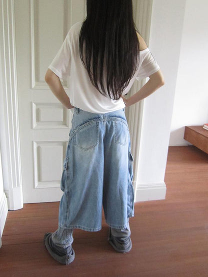 ang project Vintage Washed Relaxed Wide Leg Cargo Capri Jeans