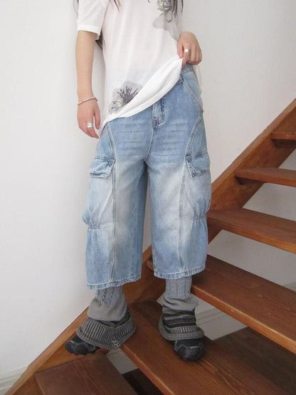 ang project Vintage Washed Relaxed Wide Leg Cargo Capri Jeans