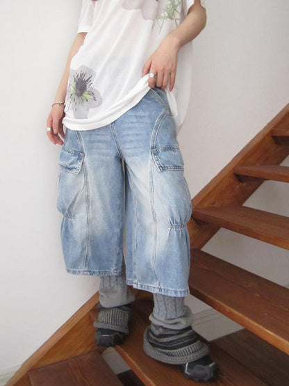 ang project Vintage Washed Relaxed Wide Leg Cargo Capri Jeans