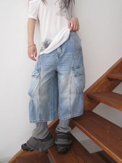 ang project Vintage Washed Relaxed Wide Leg Cargo Capri Jeans