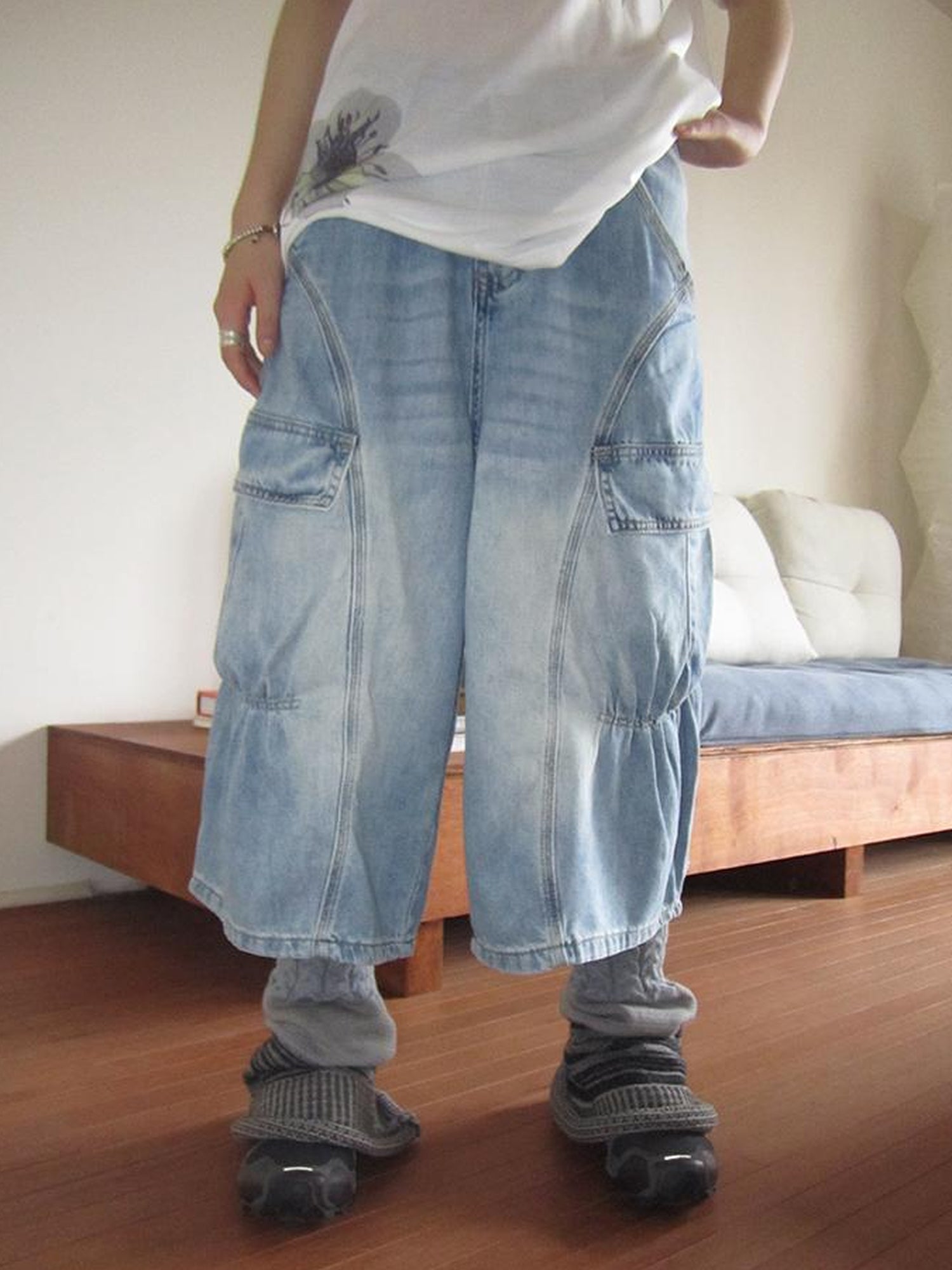 ang project Vintage Washed Relaxed Wide Leg Cargo Capri Jeans