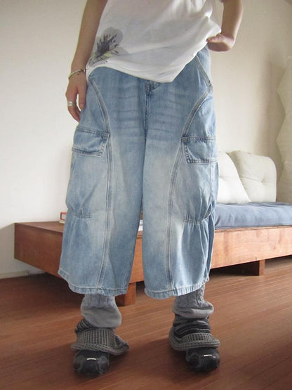 ang project Vintage Washed Relaxed Wide Leg Cargo Capri Jeans