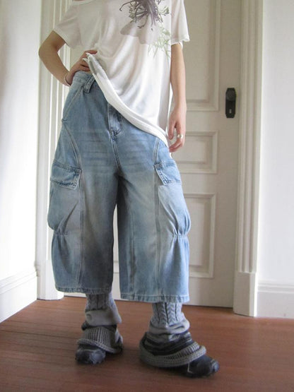 ang project Vintage Washed Relaxed Wide Leg Cargo Capri Jeans
