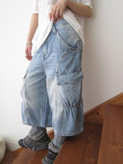 ang project Vintage Washed Relaxed Wide Leg Cargo Capri Jeans