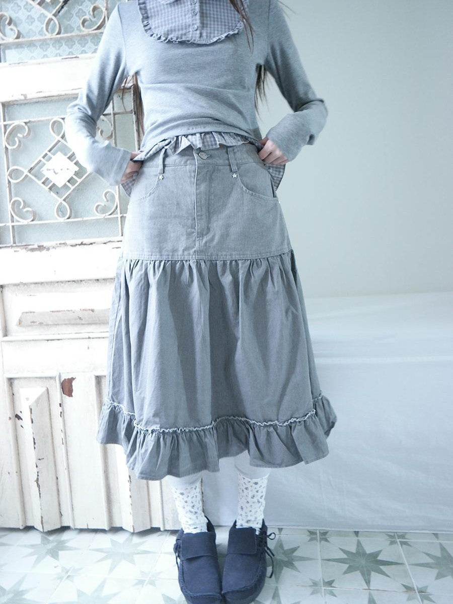 ang project Vintage Washed Studded Spliced Distressed Ruffle A Line Women&