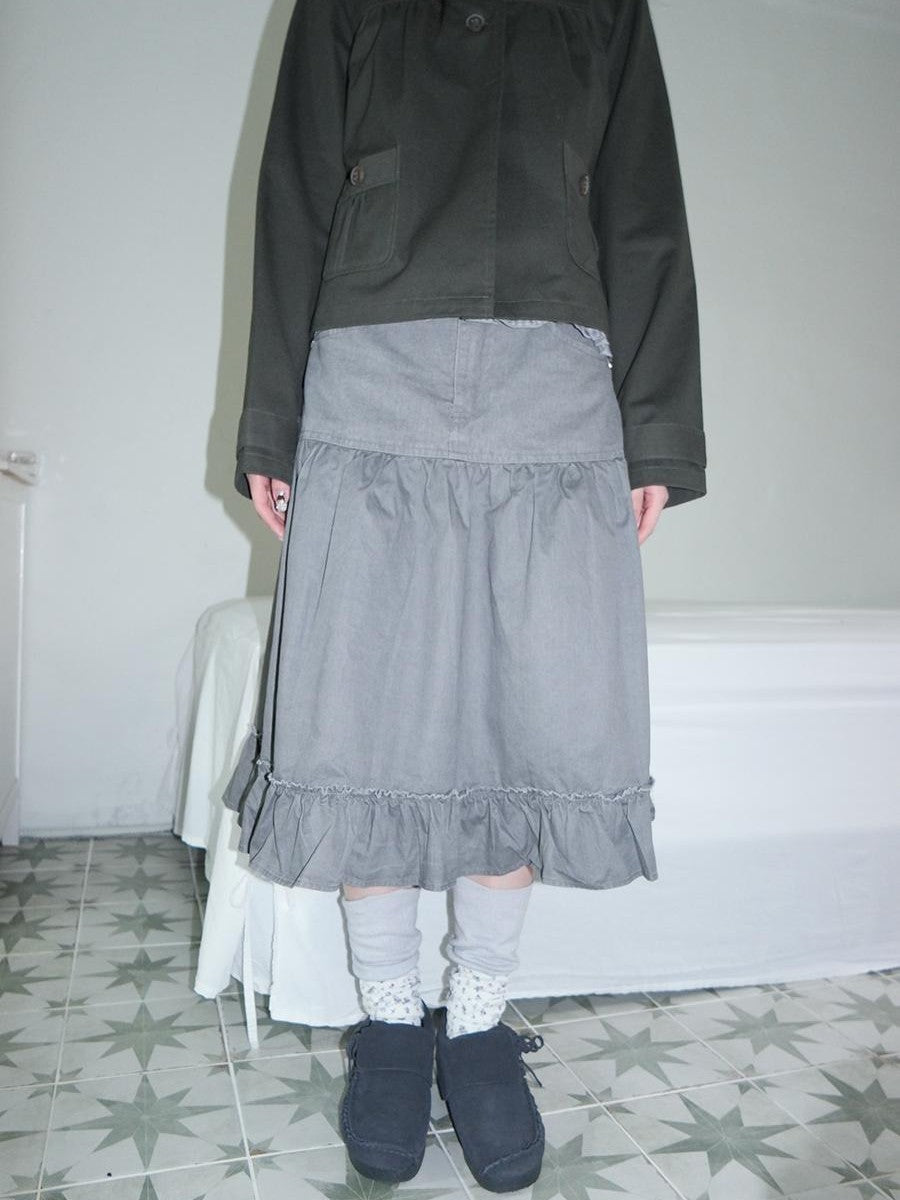 ang project Vintage Washed Studded Spliced Distressed Ruffle A Line Women&