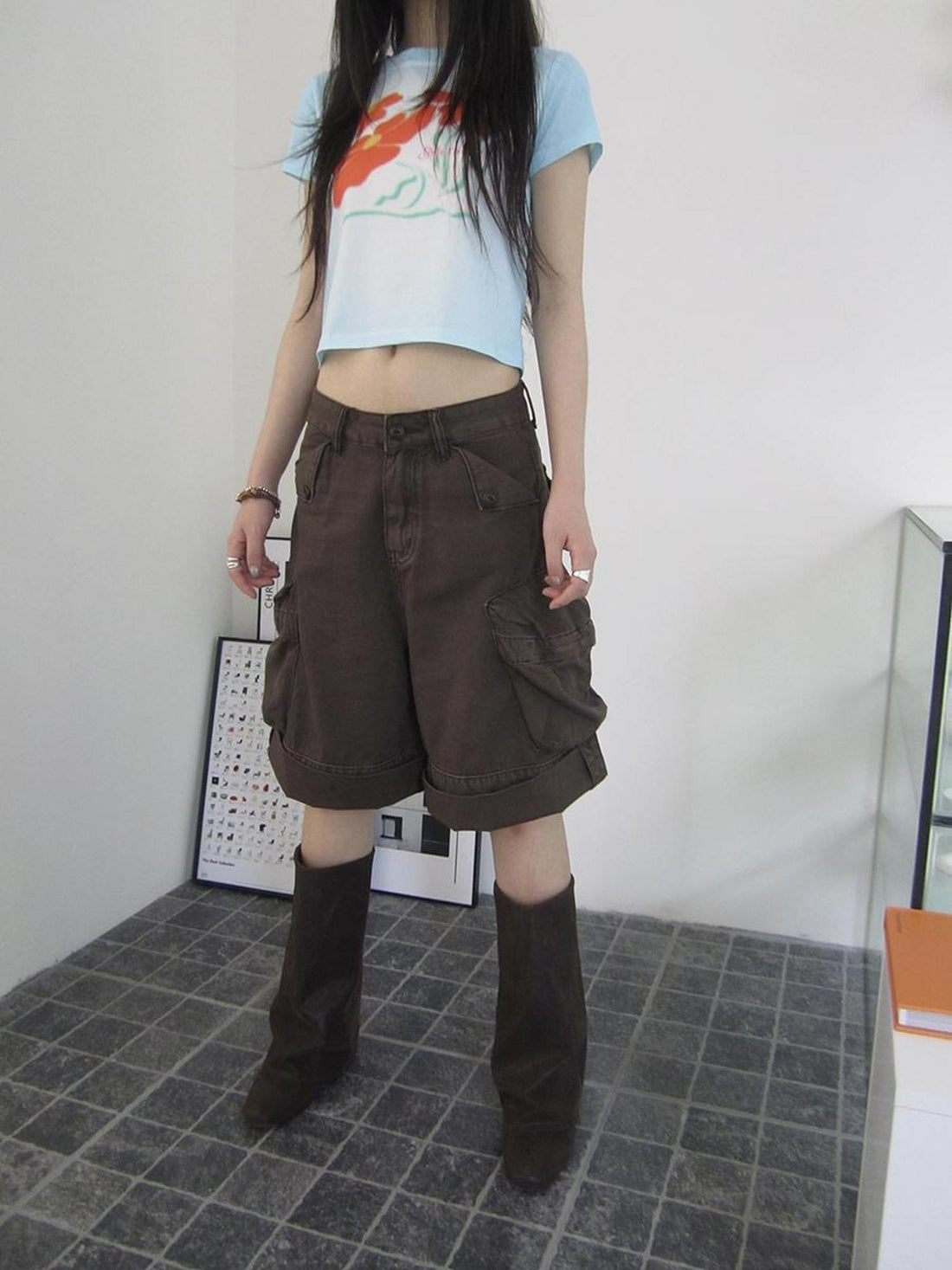 ang project Vintage Washed Wide Leg Denim Mid Length Trousers