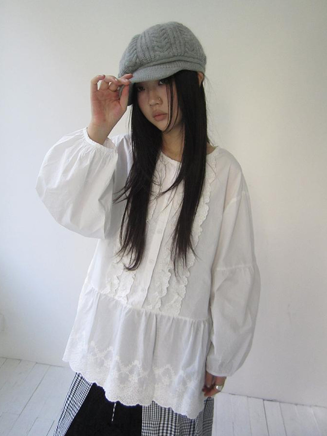 ang project Vintage White Embroidered Lace Trim Oversized Round Neck Blouse